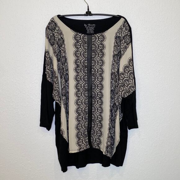 Chico’s Lace Pattern Block Pattern Top EUC Sz 16 Faux Leather 3/4 Sleeves - Picture 1 of 13